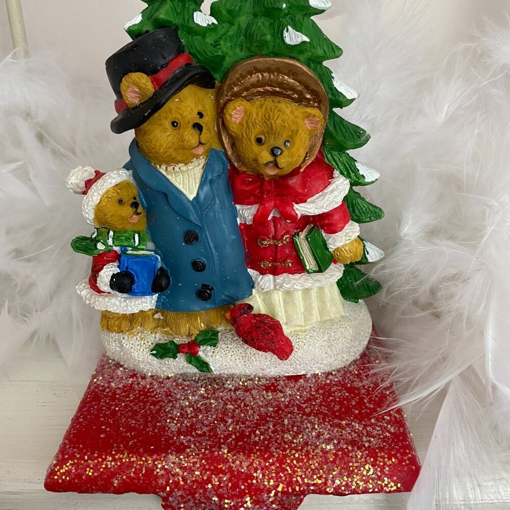 Vintage Christmas Street Stocking Hanger With Bear Family